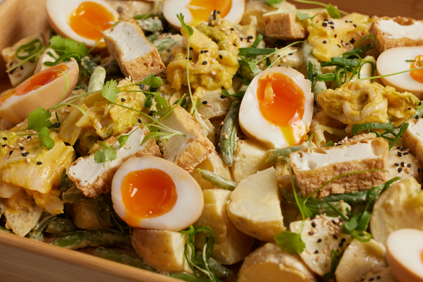 Golden Kimchi and Potato Salad with Fried Tofu