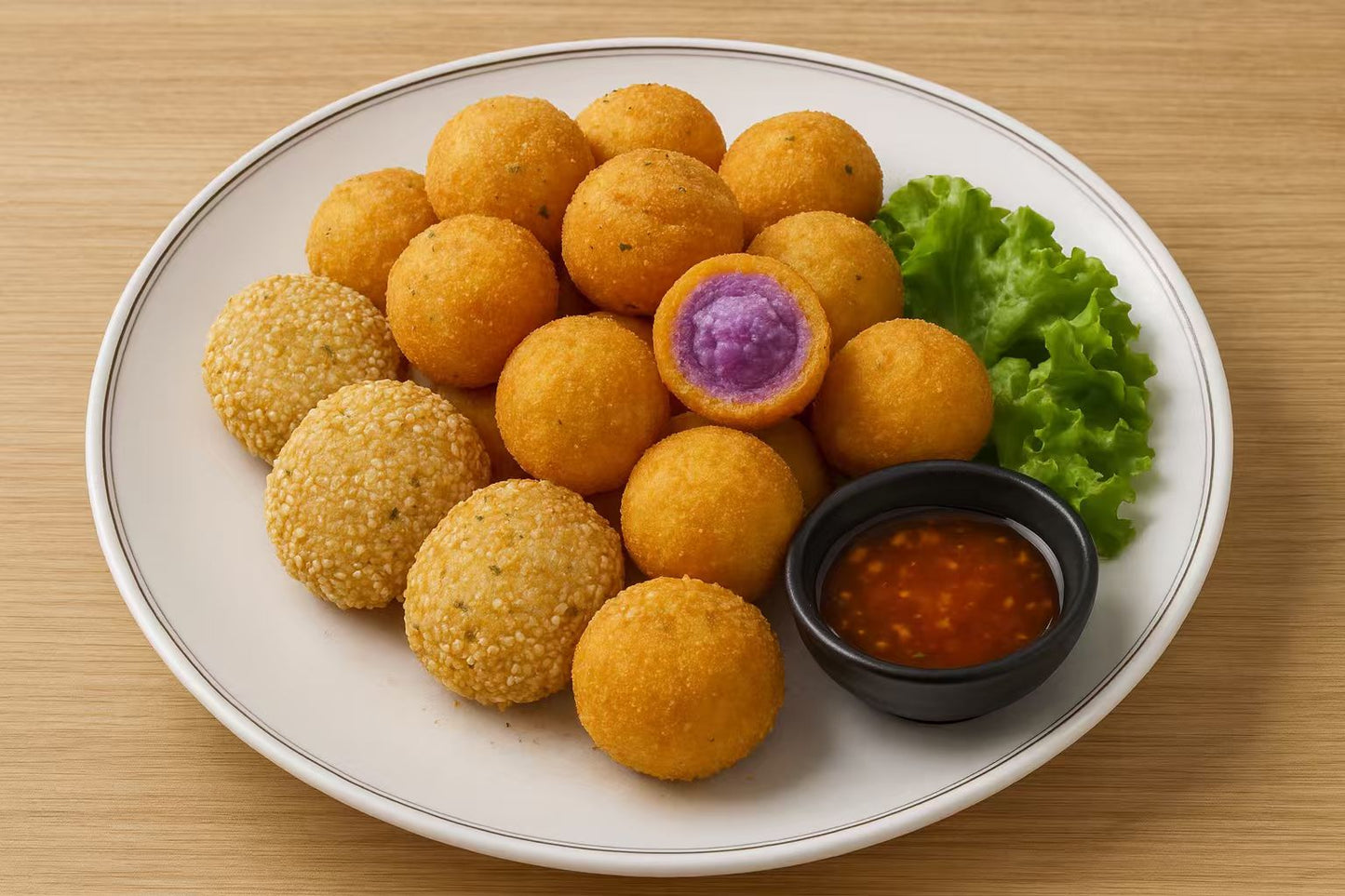 Fried shrimp cakes, taro and sweet potato ball platter  | 炸蝦餅吐司、芋泥地瓜丸拼盤